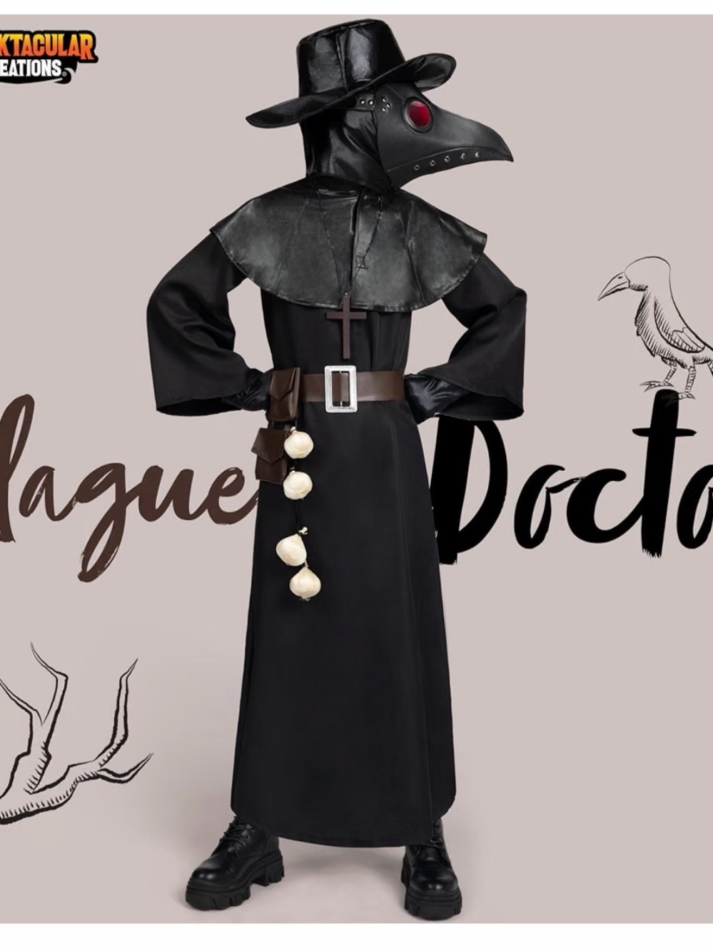 Kids Black Plague Doctor Costume with Hooded Beak Mask Size L (10/12)